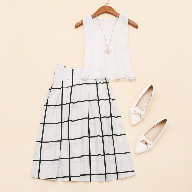 2015新款甜美气质白色无袖雪纺衫高腰格子半身裙中裙两件套套装裙