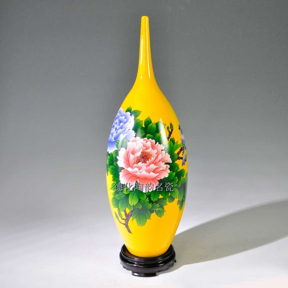 宫廷黄德化瓷器陶瓷工艺品家居摆设品 牡丹花尖口瓶花瓶时尚创意