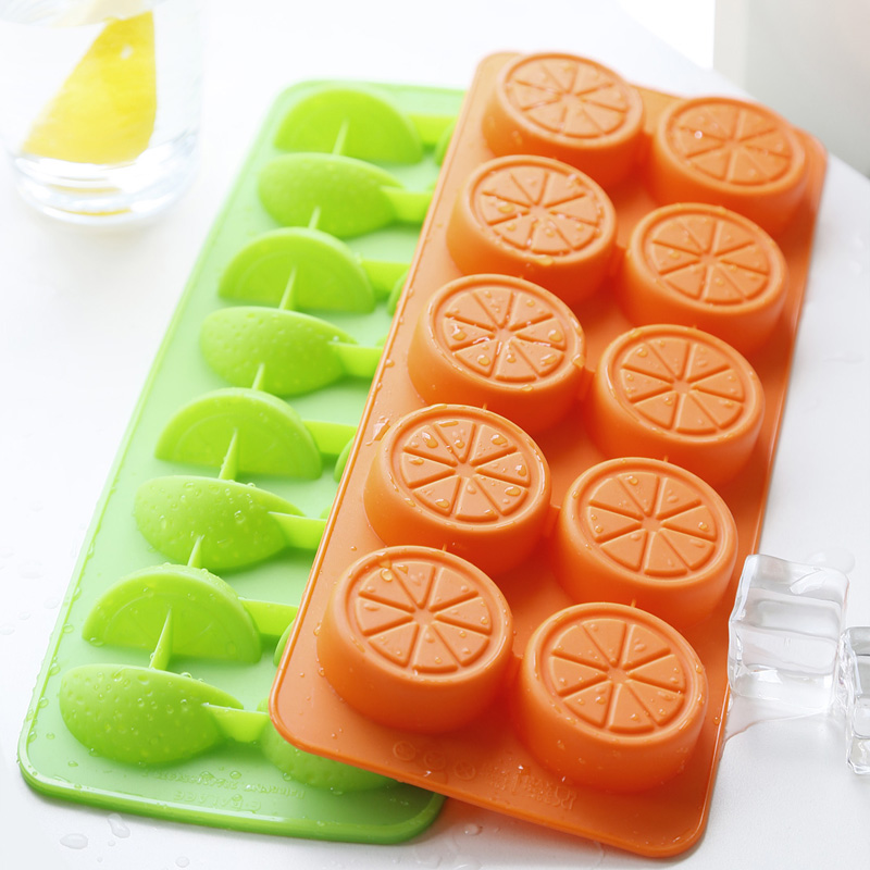 卡通橙子硅胶冰格模具制冰盒冰块雪糕 DIY创意冰棒健康无毒 橙+绿
