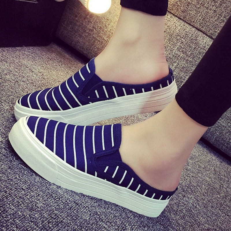 2015夏季款帆布鞋女韩版半拖透气厚底白色休闲一脚蹬懒人学生板鞋
