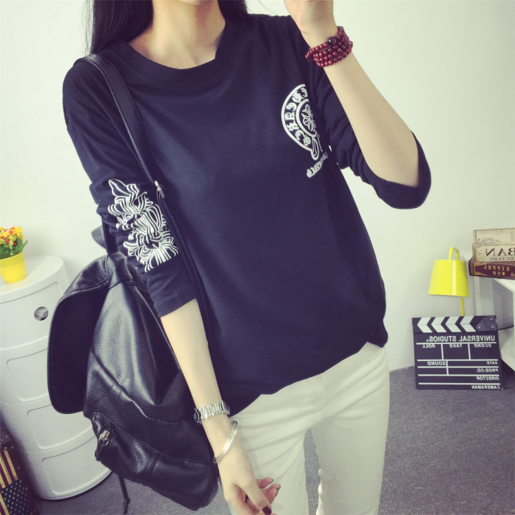 2015韩版新款秋装几何图宽松大码T恤长袖圆领修身百搭纯棉打底衫