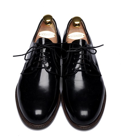首尔风情 牛皮手工订做 男士商务休闲皮鞋系带 真皮黑色漆光皮