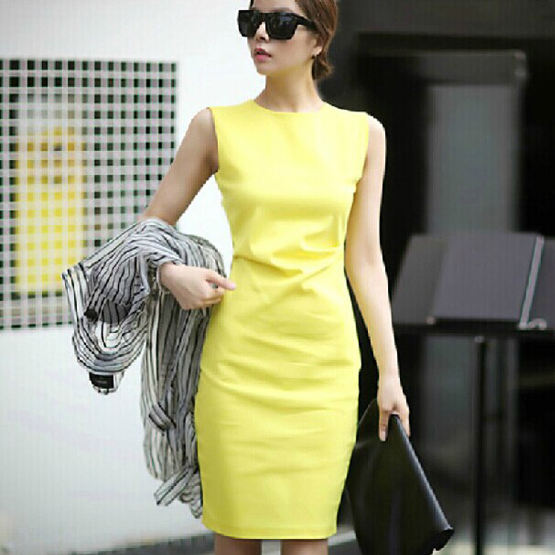 夏装连衣裙黄色背心无袖修身通勤气质紧身OL包臀裙一步裙优雅女装