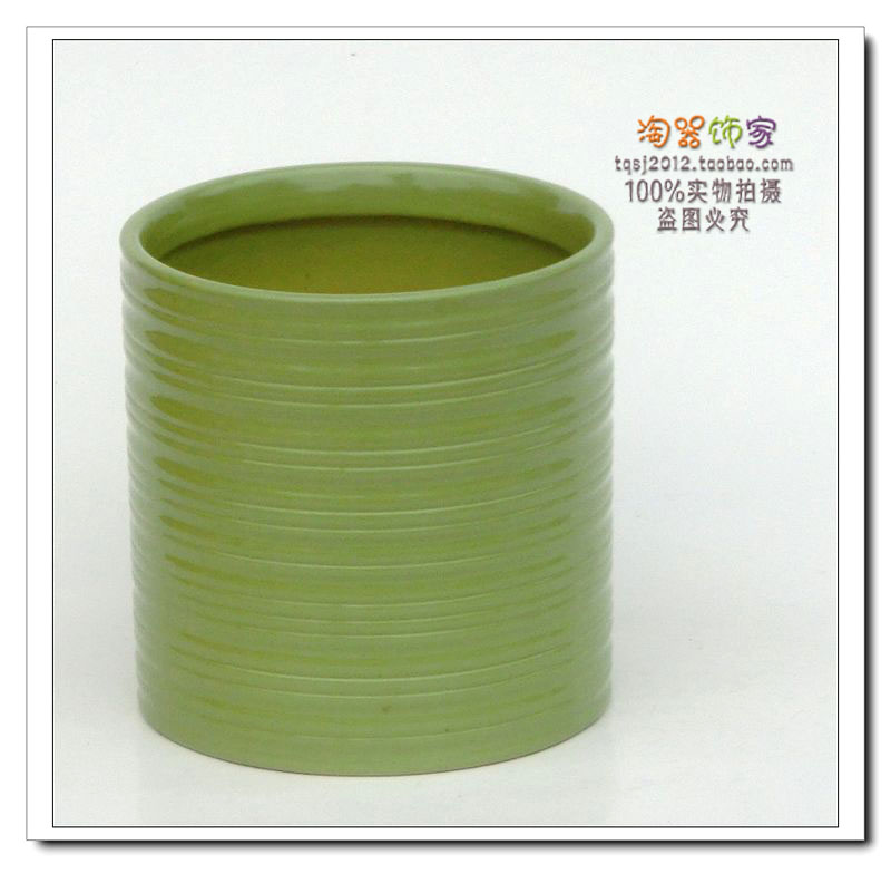 【淘器饰家】欧式出口陶瓷花盆现代简约绿色圆柱形螺纹陶土盆孤品