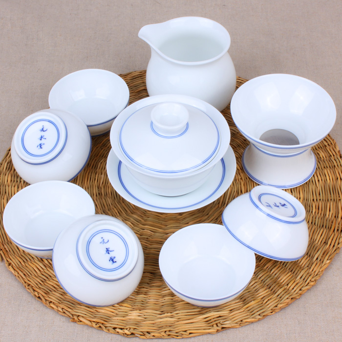 元水堂 整套茶具 手绘双线套装（大号盖碗+碗型杯）陶瓷功夫茶具