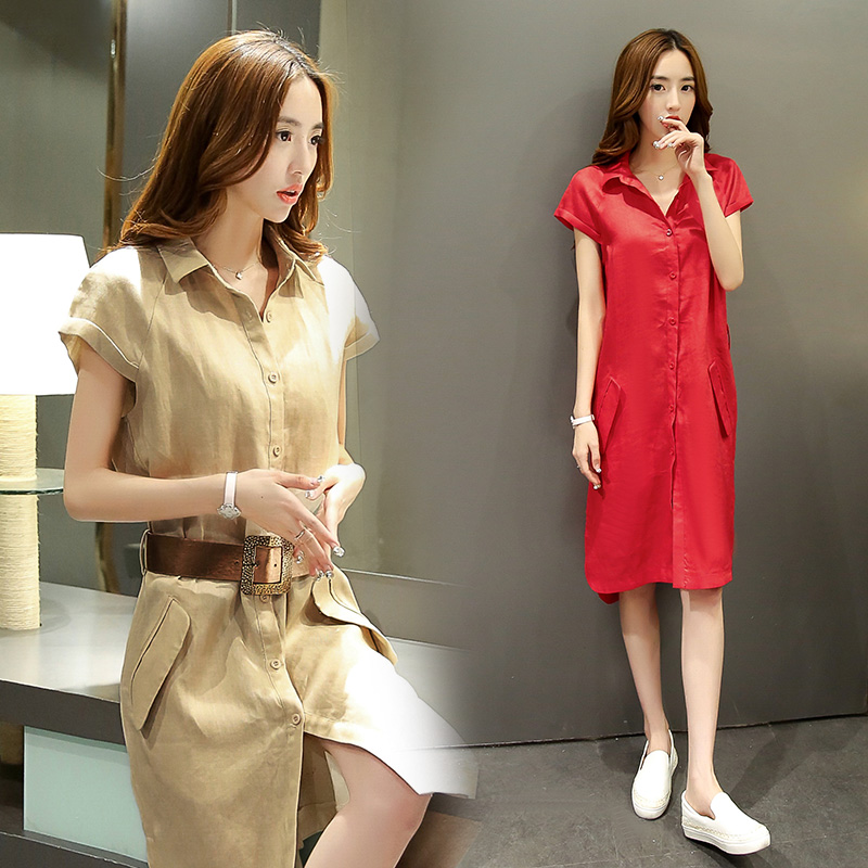 2015夏装新款韩版翻领无袖单排扣时尚系带中长款修身气质女连衣裙