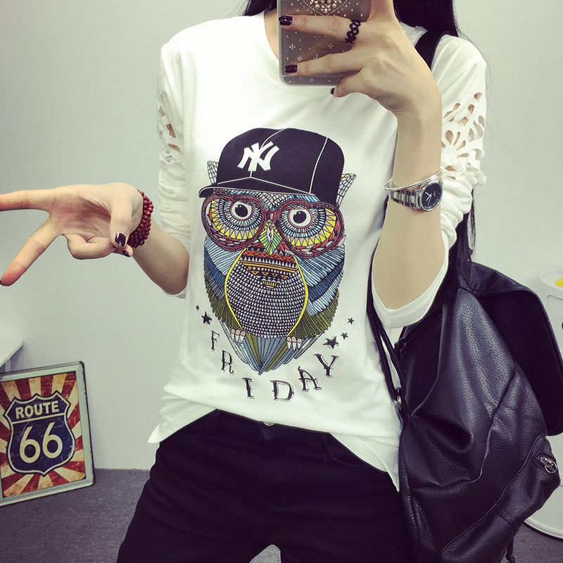 2015秋季女装大码韩版修身显瘦猫头鹰印花镂空长袖T恤打底衫上衣