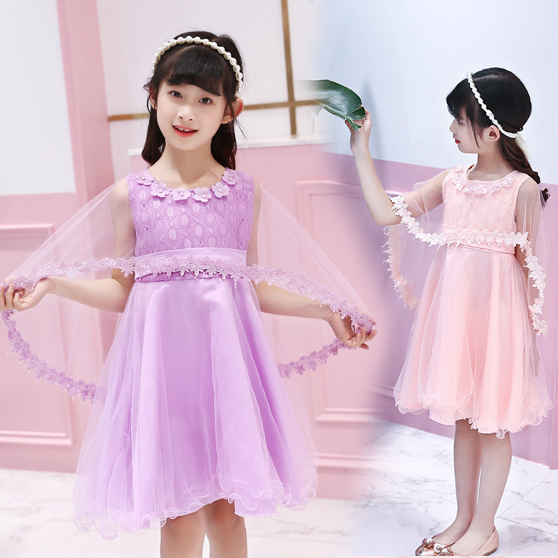女童连衣裙夏公主中大童白色蕾丝蓬蓬纱裙粉红色表演舞蹈演出裙子