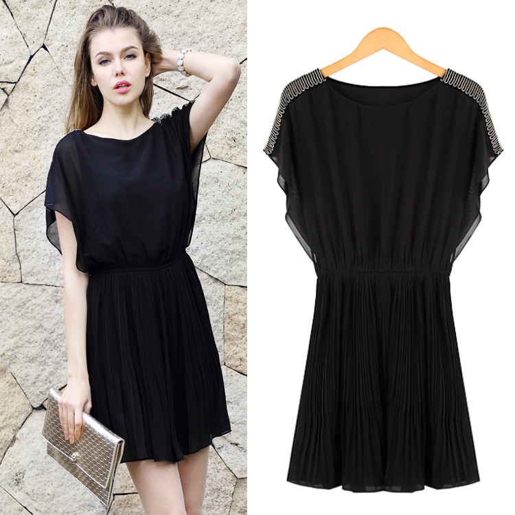 韩国女装2015夏季新款时尚钉珠圆领宽松显瘦黑色荷叶边雪纺连衣裙