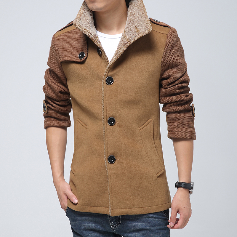2015年新款秋冬装修身男士针织袖拼接中长款毛呢大衣男装外套