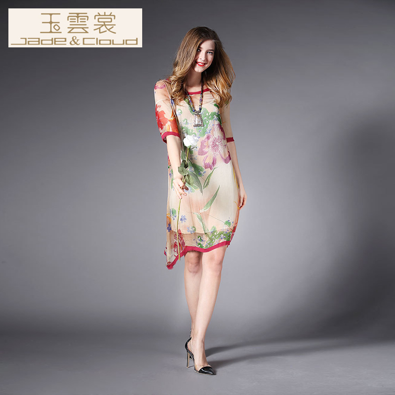 2015夏季欧美时尚对丝数码印花100%蚕丝双绉连衣裙 吊带背心长裙
