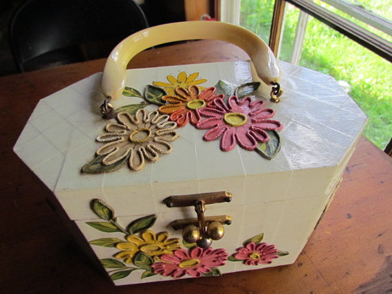 孤品代购Wallet㊣ 古着唯美森系手工剪纸多彩花卉几何木盒手提包
