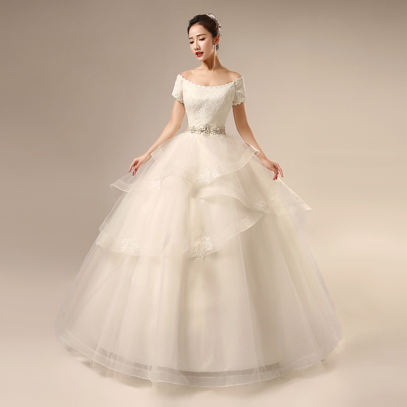 婚纱2015秋季新款韩版简约一字肩带袖修身显廋新娘齐地双肩婚纱女