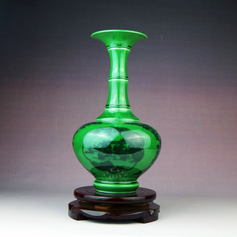 景德镇陶瓷器 仿古开片绿色童趣花瓶 赏瓶 现代古典家饰客厅摆件