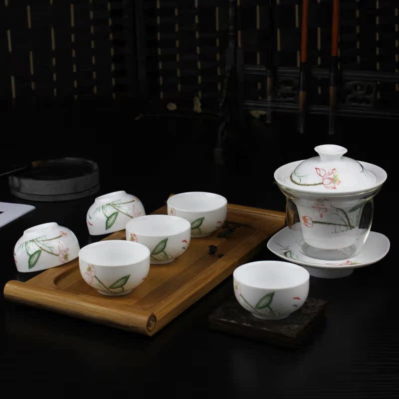 青花瓷茶碗玻璃盖碗 快客杯 整套陶瓷功夫茶具三才碗 公道杯茶壶
