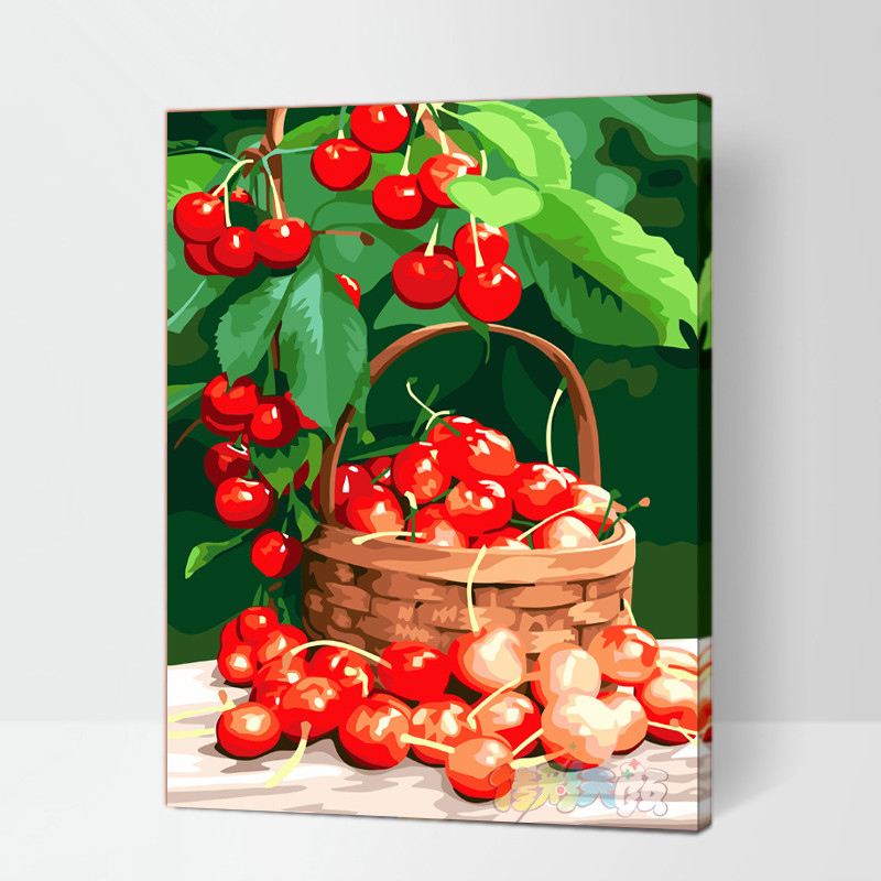 数码彩绘数字油画大幅画手绘diy编码彩绘樱桃水果餐厅客厅装饰画