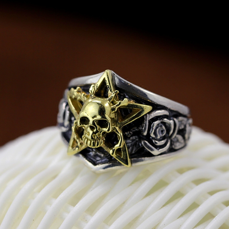 新款来袭 个性泰银男士指环 正品纯银玫瑰骷髅守护之神S925戒指潮
