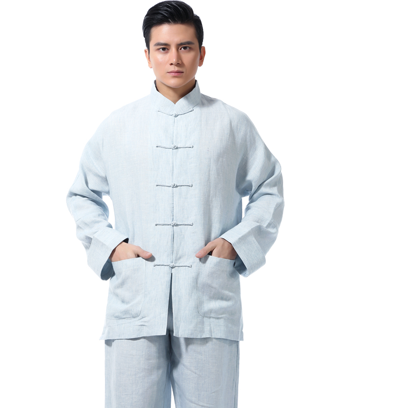 中国风唐装男士亚麻长袖新中式复古立领连袖衬衫爸爸盘扣套装