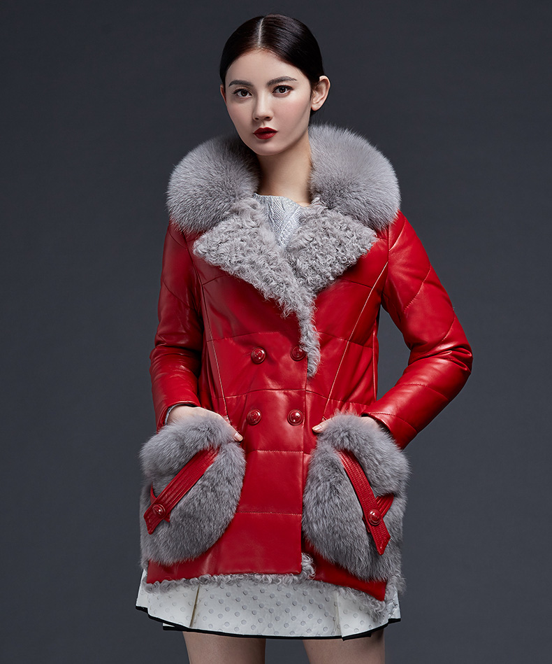 中长款修身长袖皮衣女绵羊皮真皮2015冬季新款时尚羽绒服时尚外套