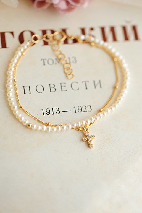 【Antique Lace】强光不规则小珍珠&包金项链 十字架