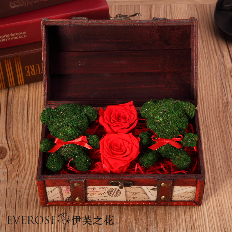 苔藓小熊永生花盒玫瑰鲜花礼盒装圣诞礼物高档进口保鲜花顺丰包邮