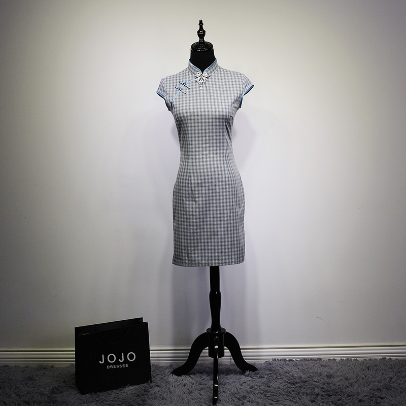 2015新款夏时尚改良条纹文艺复古气质修身日常中式短款旗袍小短裙