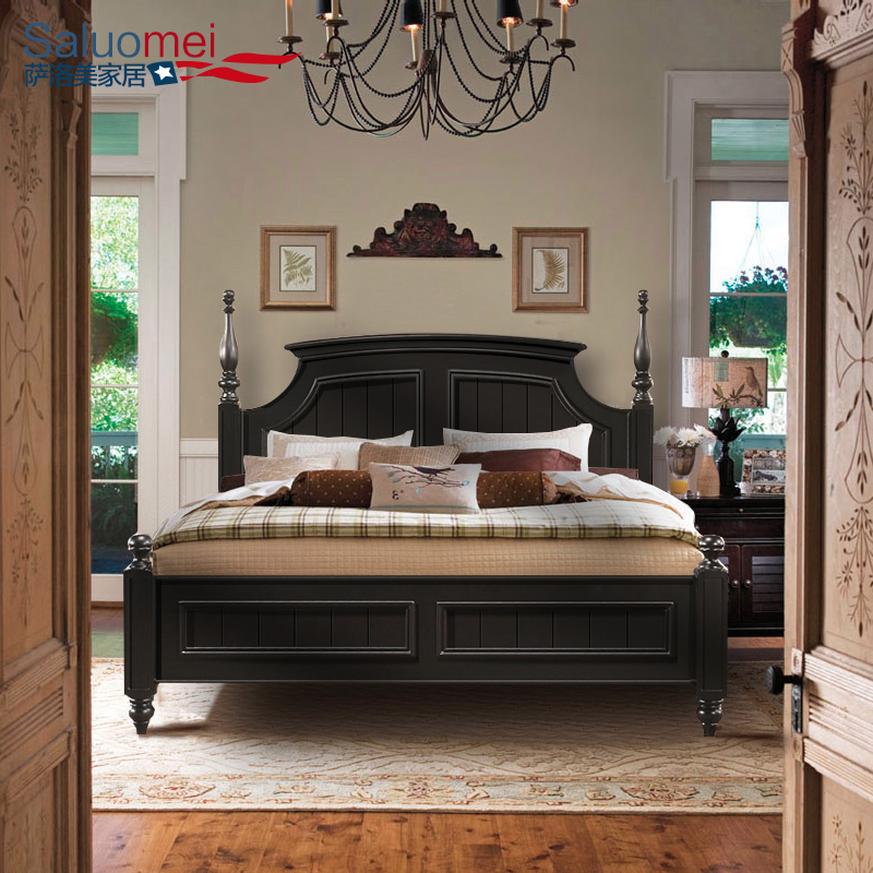 美式床全实木床1.8米黑色现代风格家具1.5双人床田园乡村简欧特价