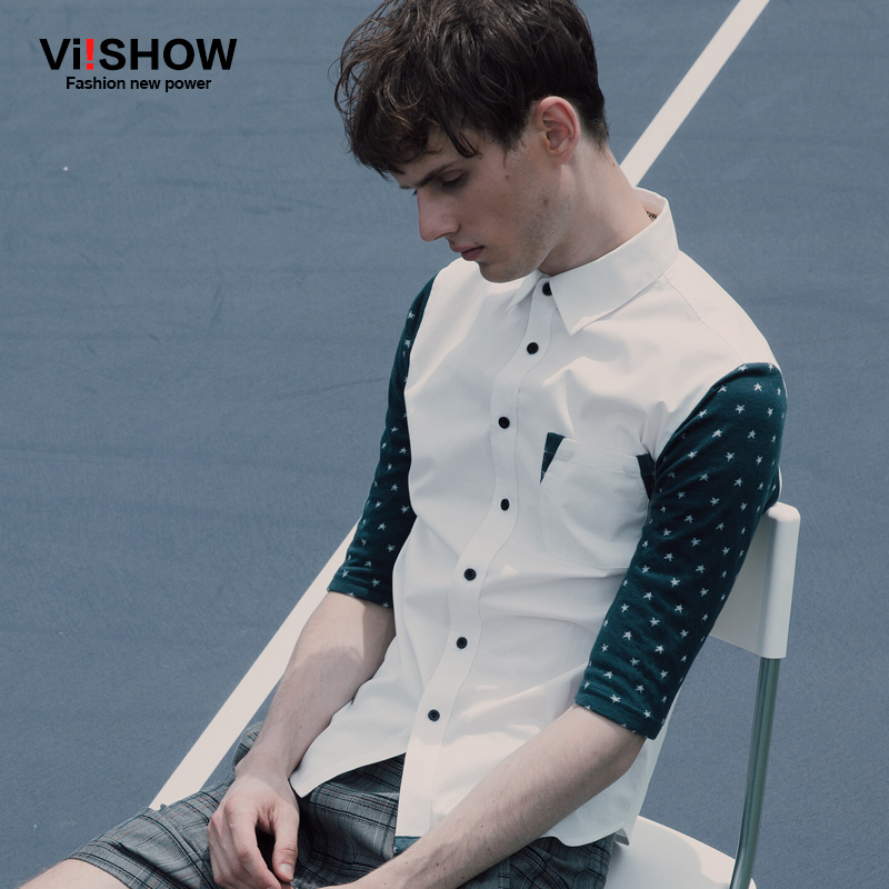 viishow2015夏装新款男式衬衫 英伦风拼接撞色中袖衬衫 白衬衣潮