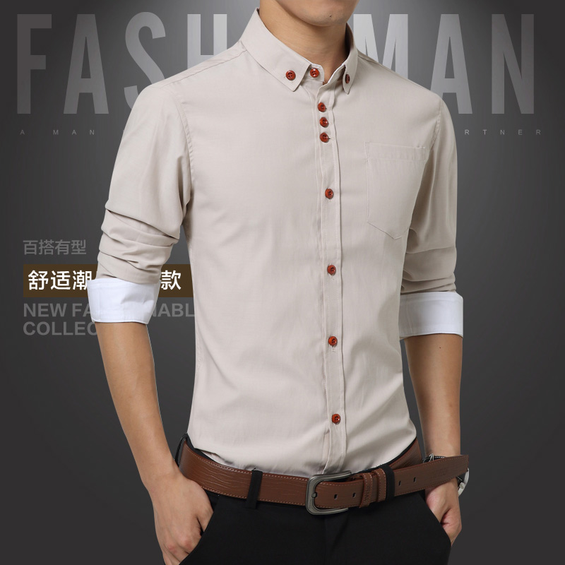 2015秋装新款修身男衬衫 韩版男式衬衫 清新时尚免烫男士长袖衬衫