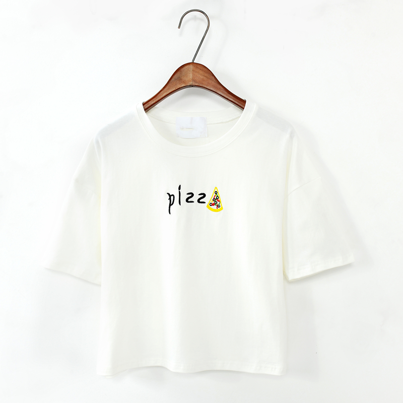 韩国东大门字母pizz刺绣百搭短款休闲宽松半袖短袖女T恤韩版