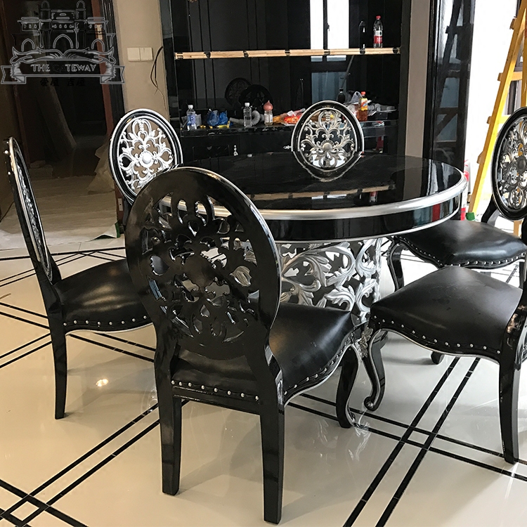 欧式实木餐桌椅组合新古典复古镂空雕花黑色6人圆桌简约餐厅饭桌