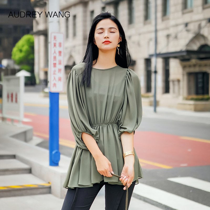 AudreyWang2017夏装新款原创时尚芥末纯色收腰抽褶雪纺衫上衣女