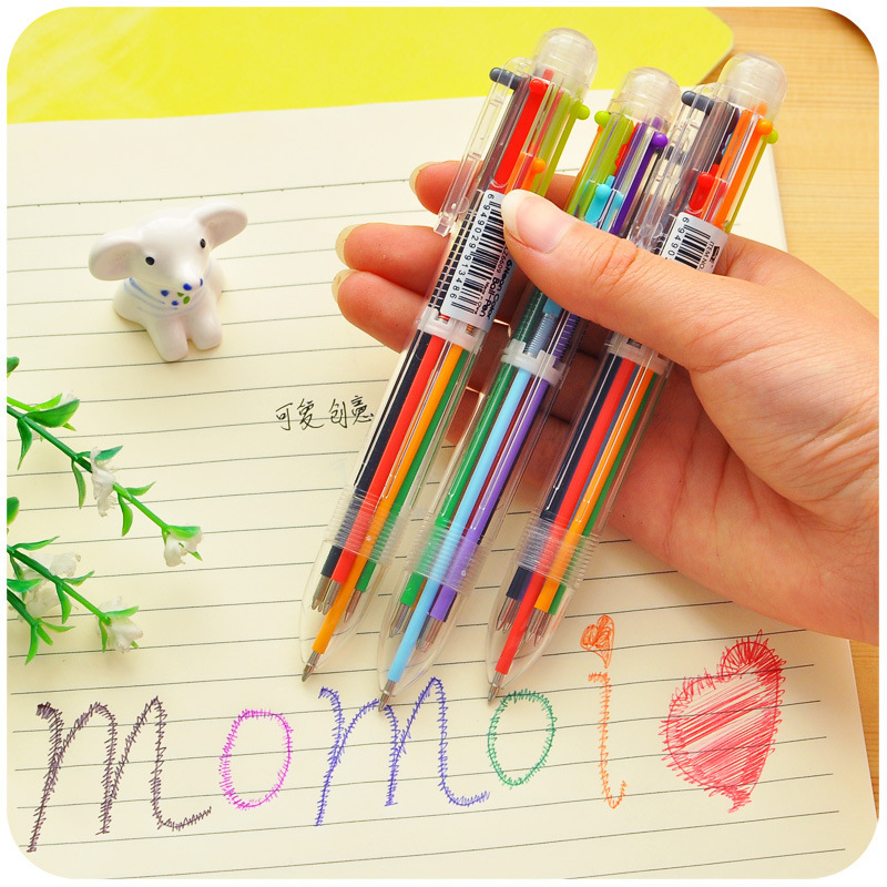 韩国创意文具 可爱多色圆珠笔 透明杆多功能按动彩色油笔 6支笔芯