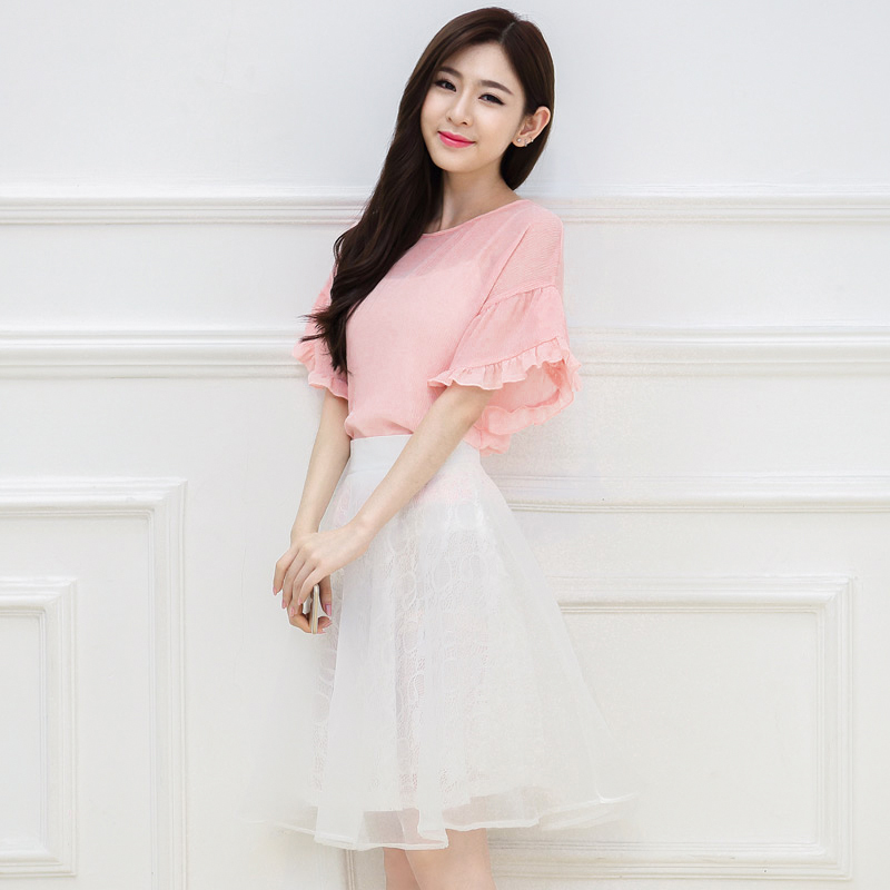 2015新款韩版荷叶边雪纺衫欧根纱蕾丝半身裙修身两件套连衣裙女夏