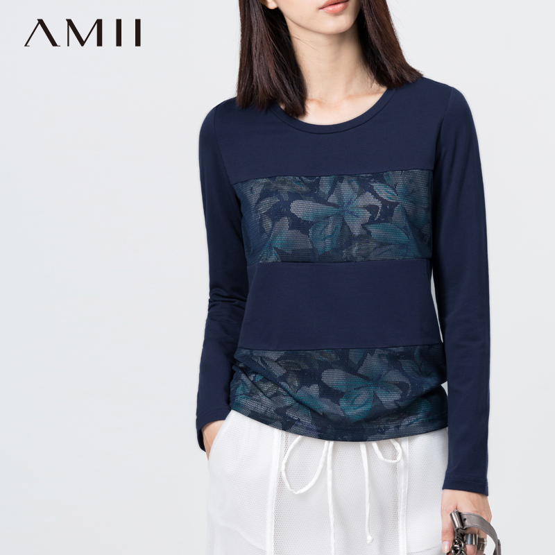 Amii女装 2015秋季新品艾米打底衫百搭圆领撞料拼接大码长袖T恤女