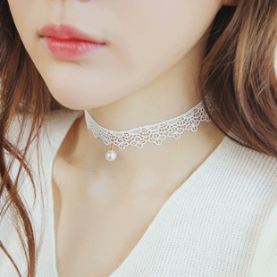 韩国进口黑色蕾丝项链配饰女短款复古珍珠吊坠锁骨链项圈颈链颈带