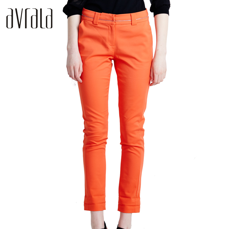 AVRALA新款黑色欧美风低腰修身橘色棉布时尚OL气质通勤休闲长裤