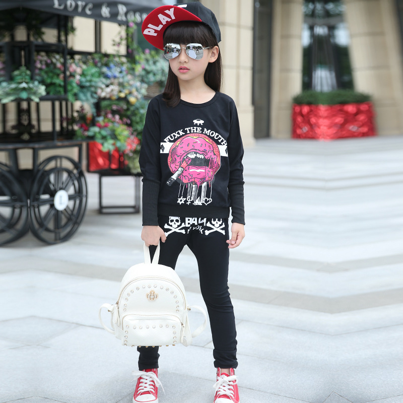 儿童潮款套装季款中大女童韩版长袖运动两件套纯棉骷髅头女宝套装