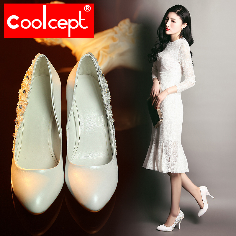 CooLcept 2015韩版婚鞋细高跟女鞋真羊皮水钻珍珠浅口甜美单鞋女