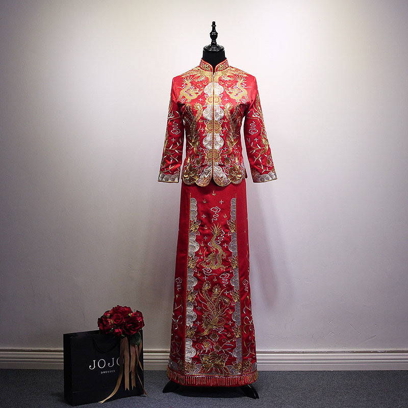 中式复古嫁衣敬酒服结婚礼服新娘长款改良秀和服龙凤褂长袖旗袍女