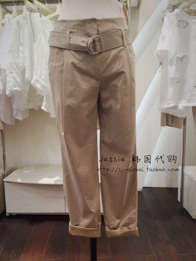 韩国代购 g-cut专柜正品 2015年新款 纯色带腰带休闲长裤 裤子