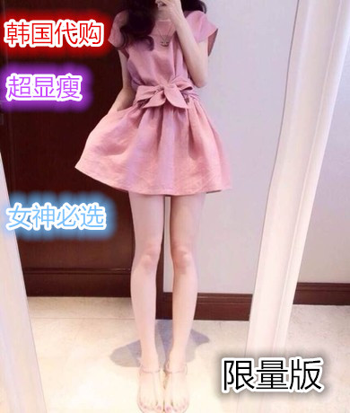 夏装新款2015棉麻连衣裙 粉色蝴蝶结修身显瘦短袖亚麻裙子大码