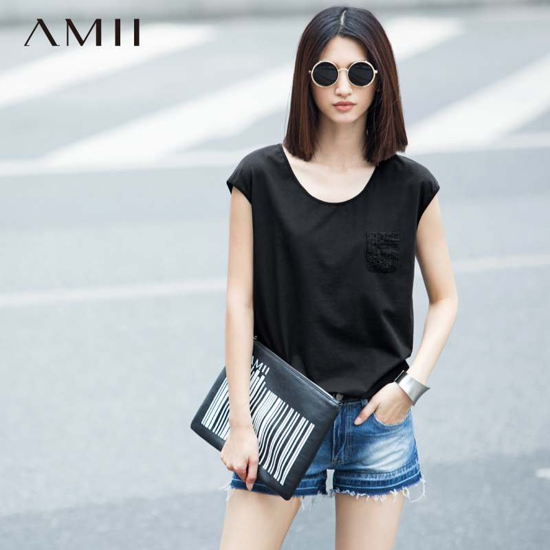 Amii及简2015夏装新款圆领盖袖镂空花边口袋百搭大码短袖T恤女装