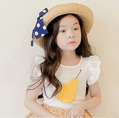 2016年夏季 韩版童装 女童立体梨子贴布飞袖t恤 儿童纯棉无袖上衣