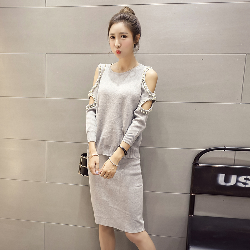 2016秋女装新品韩版显瘦露肩钉珠长袖针织衫显瘦包臀半身裙两件套