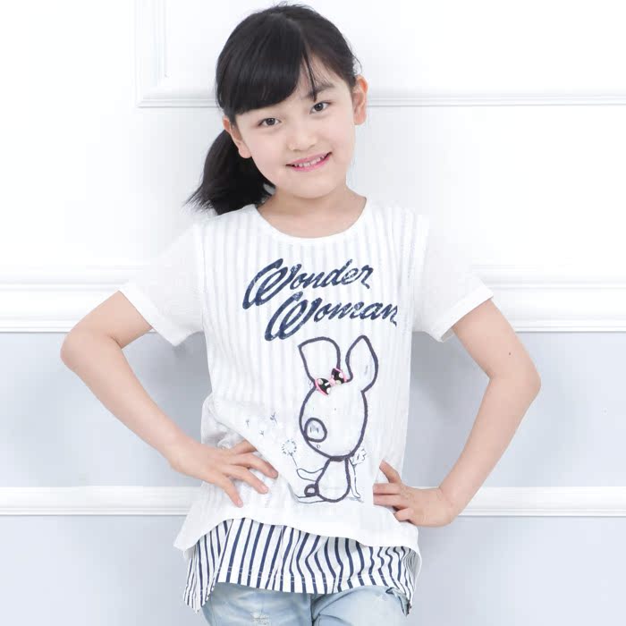 韩国进口代购进口童装2015春夏装女童中大童拼接短袖t恤上衣夏款