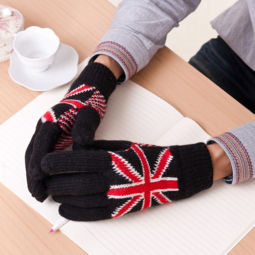 新款英伦风英国国旗毛线手套时尚男士手套 双层加厚保暖手套