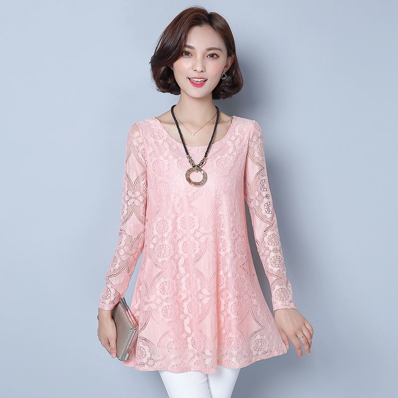 秋季女装2016新款韩版大码显瘦蕾丝衫上衣长袖宽松雪纺衫中长款