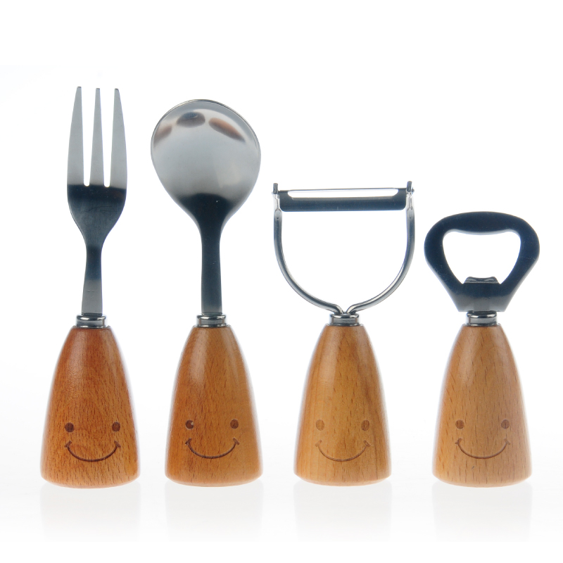 生活方式 日式创意木柄不锈钢笑脸餐具勺子叉子开瓶器刮刨