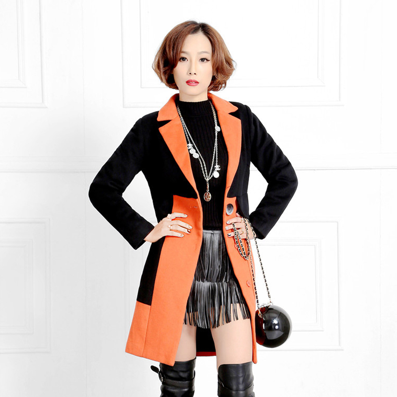 2015秋冬韩版修身拼接显瘦大衣中长款加厚羊毛呢外套潮